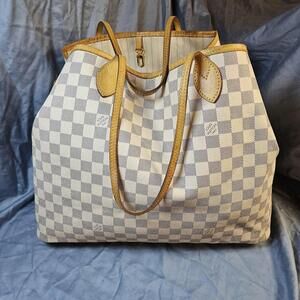Louis Vuitton Neverfull Tote Bag Womens Large White Damier Azur Checkered Canvas